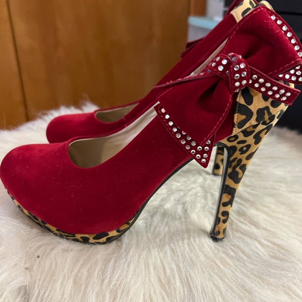 Velvet Heels Deep Red and Leopard Print Shoes Bling Accents Valentine’s Day